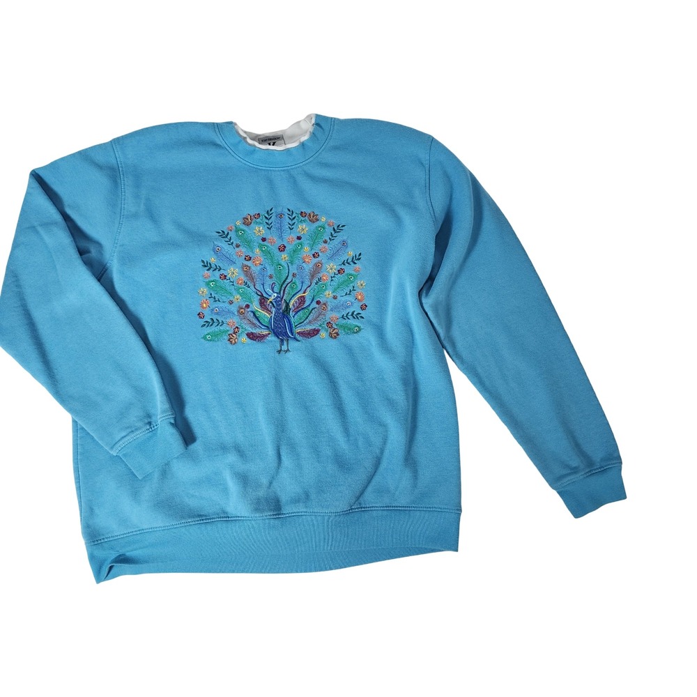King Universal y2k vintage 90s Blue Embroidered Peacock Sweatshirt Womens XL